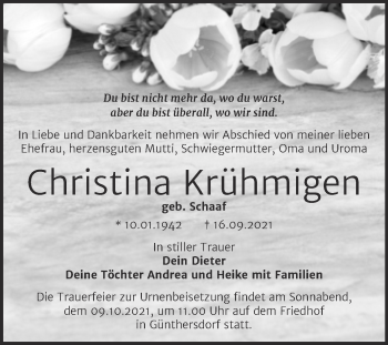 Traueranzeige von Christina Krühmigen von Trauerkombi Merseburg