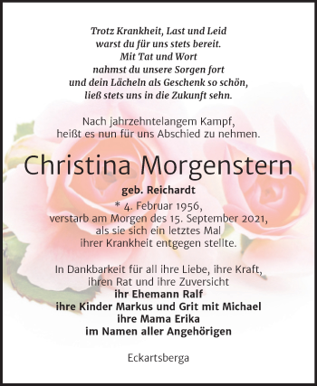 Traueranzeige von Christina Morgenstern von Wochenspiegel Naumburg/Nebra