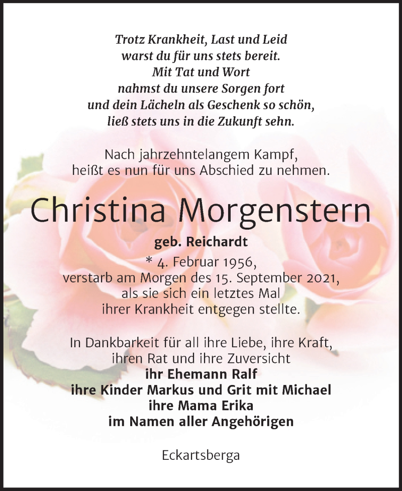  Traueranzeige für Christina Morgenstern vom 22.09.2021 aus Wochenspiegel Naumburg/Nebra