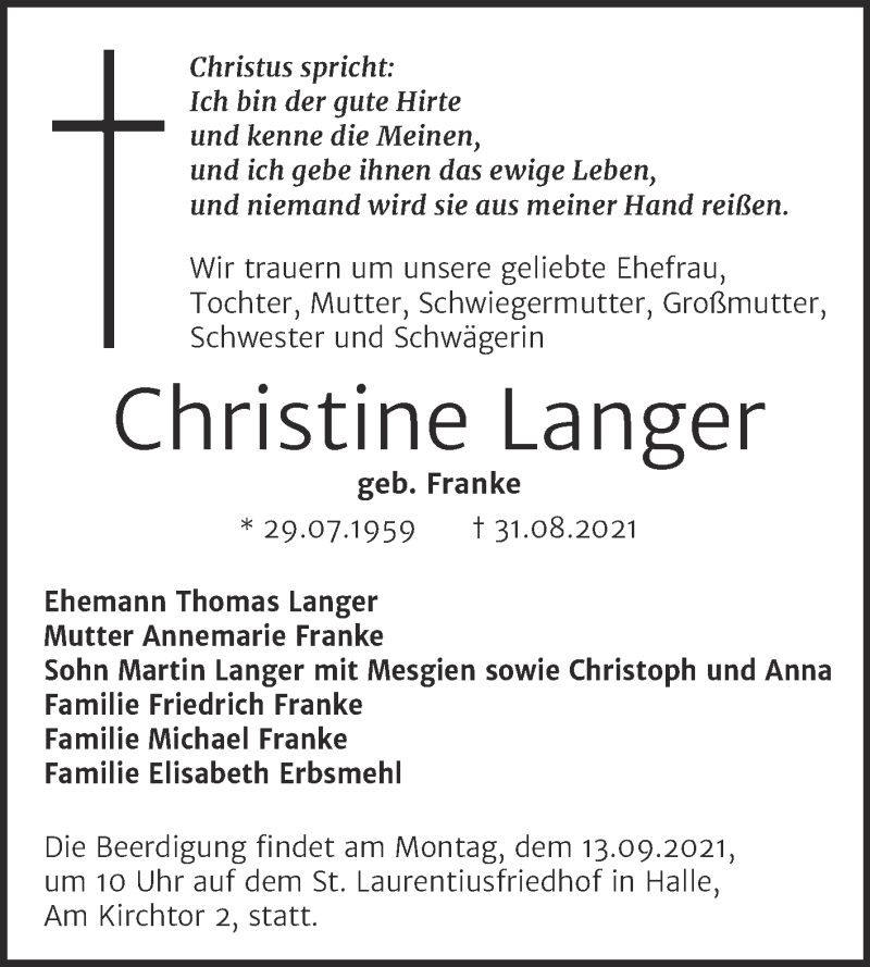  Traueranzeige für Christine Langer vom 11.09.2021 aus Mitteldeutsche Zeitung Halle/Saalkreis