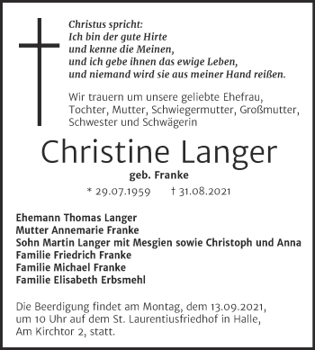 Traueranzeige von Christine Langer von Mitteldeutsche Zeitung Halle/Saalkreis