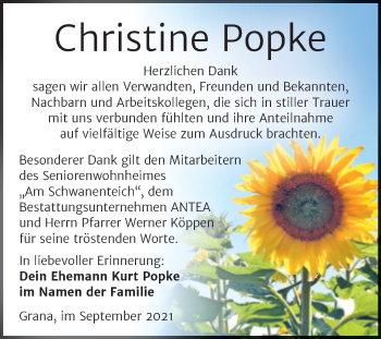Traueranzeige von Christine Popke von Trauerkombi Zeitz