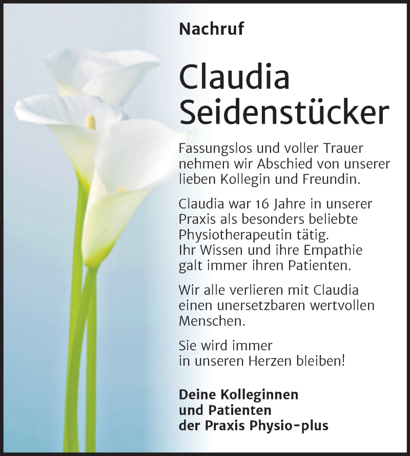  Traueranzeige für Claudia Seidenstücker vom 25.09.2021 aus Mitteldeutsche Zeitung Köthen