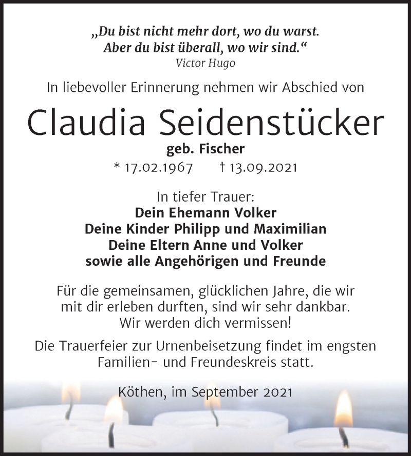  Traueranzeige für Claudia Seidenstücker vom 25.09.2021 aus Trauerkombi Köthen