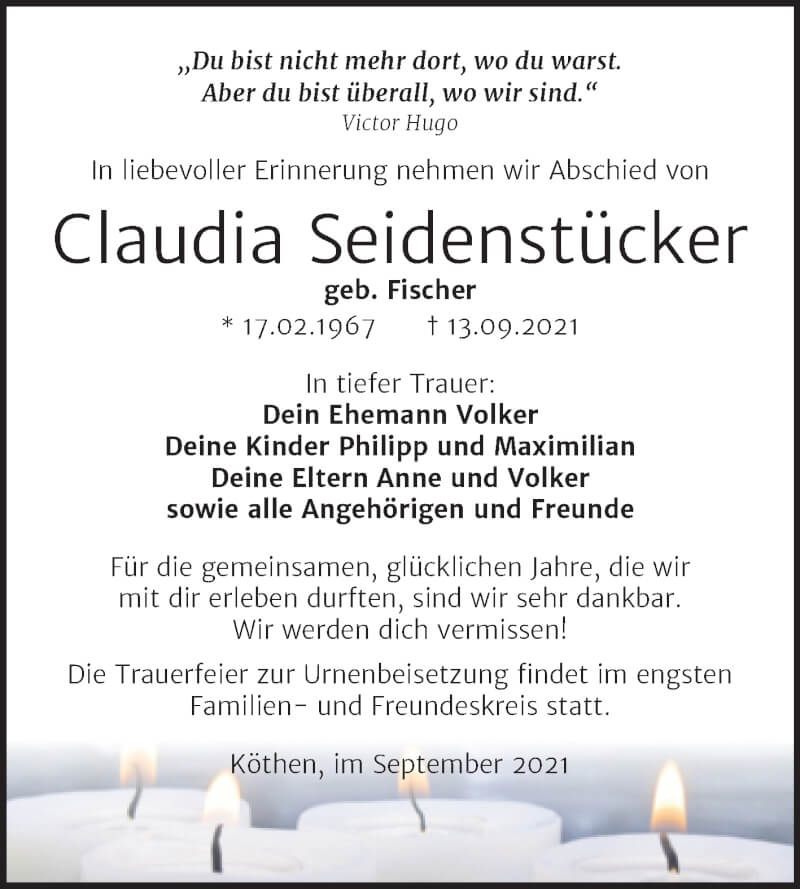  Traueranzeige für Claudia Seidenstücker vom 18.09.2021 aus Trauerkombi Köthen