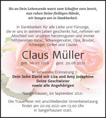 Traueranzeige von Claus Müller von Trauerkombi Sangerhausen