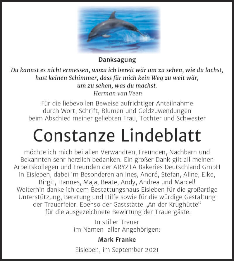  Traueranzeige für Constanze Lindeblatt vom 18.09.2021 aus Trauerkombi Mansfelder Land