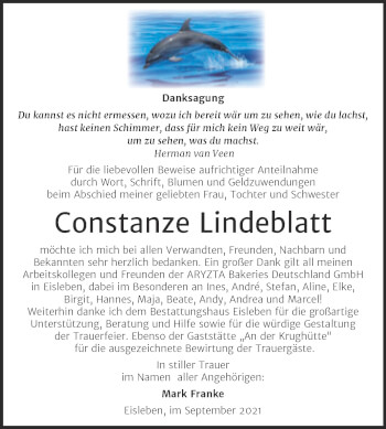 Traueranzeige von Constanze Lindeblatt von Trauerkombi Mansfelder Land
