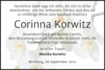 Traueranzeige von Corinna Korwitz von Trauerkombi Bernburg