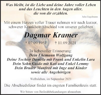 Traueranzeige von Dagmar Kramer von Trauerkombi Aschersleben