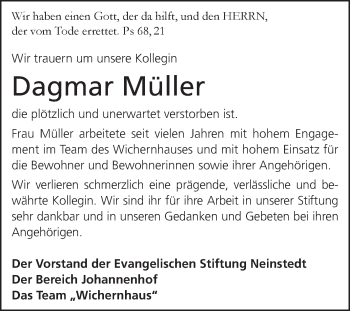Traueranzeige von Dagmar Müller von Mitteldeutsche Zeitung Quedlingburg