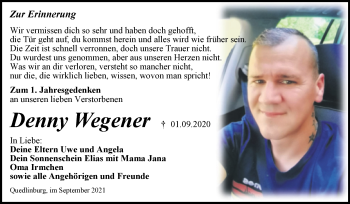 Traueranzeige von Denny Wegener von Trauerkombi Quedlinburg