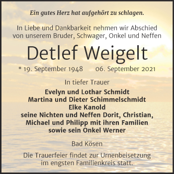 Traueranzeige von Detlef Weigelt von Naumburger Tageblatt