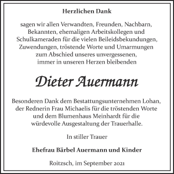 Traueranzeige von Dieter Auermann von Trauerkombi Bitterfeld