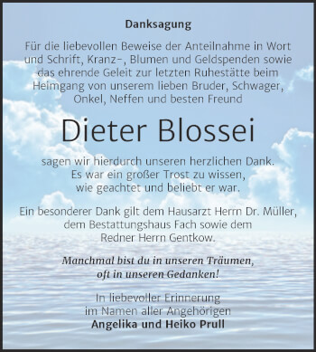 Traueranzeige von Dieter Blossei von Trauerkombi Mansfelder Land