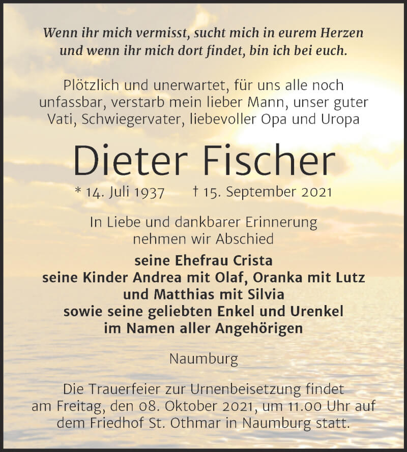  Traueranzeige für Dieter Fischer vom 18.09.2021 aus Naumburger Tageblatt