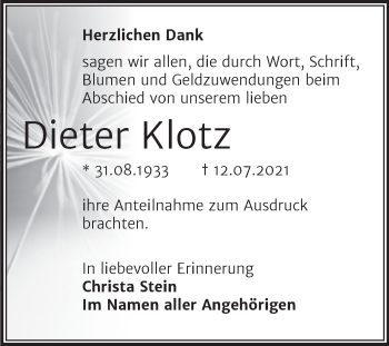 Traueranzeige von Dieter Klotz von Trauerkombi Merseburg