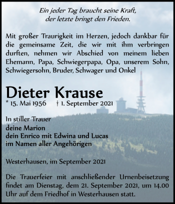Traueranzeige von Dieter Krause von Trauerkombi Quedlinburg