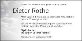 Traueranzeige von Dieter Rothe von Trauerkombi Bernburg