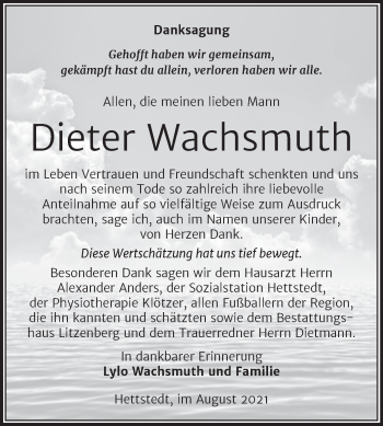 Traueranzeige von Dieter Wachsmuth von Trauerkombi Mansfelder Land