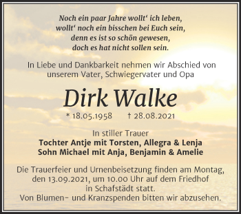 Traueranzeige von Dirk Walke von Trauerkombi Merseburg