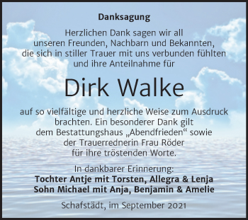 Traueranzeige von Dirk Walke von Trauerkombi Merseburg