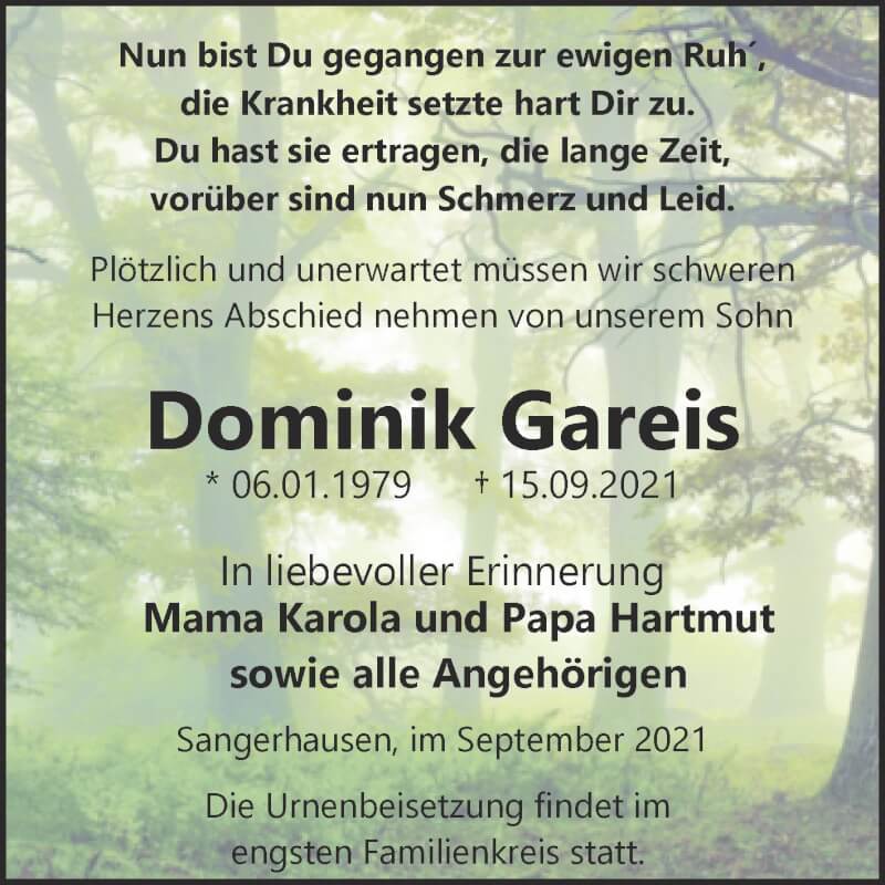  Traueranzeige für Dominik Gareis vom 18.09.2021 aus Trauerkombi Sangerhausen