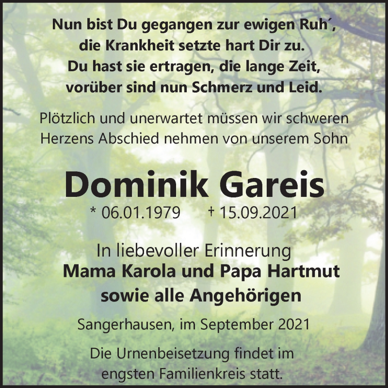  Traueranzeige für Dominik Gareis vom 25.09.2021 aus Trauerkombi Sangerhausen