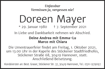 Traueranzeige von Doreen Mayer von Trauerkombi Sangerhausen