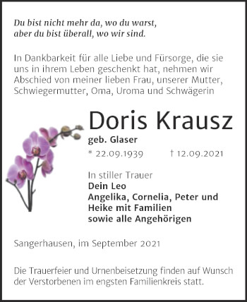 Traueranzeige von Doris Krausz von Trauerkombi Sangerhausen