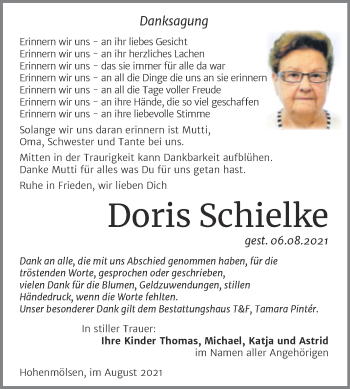 Traueranzeige von Doris Schielke von Trauerkombi Weißenfels
