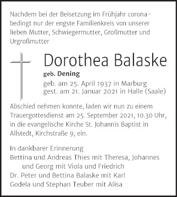 Traueranzeige von Dorothea Balaske von Trauerkombi Sangerhausen
