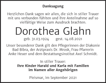 Traueranzeige von Dorothea Glahn von Naumburger Tageblatt