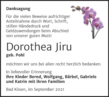 Traueranzeige von Dorothea Jiru von Wochenspiegel Naumburg/Nebra
