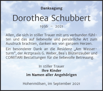 Traueranzeige von Dorothea Schubbert von Trauerkombi Weißenfels