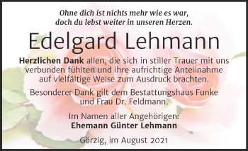 Traueranzeige von Edelgard Lehmann von Trauerkombi Köthen