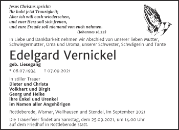Traueranzeige von Edelgard Vernickel von Mitteldeutsche Zeitung Sangerhausen
