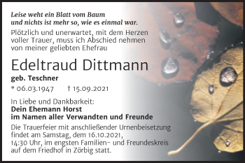 Traueranzeige von Edeltraud Dittmann von Trauerkombi Bitterfeld