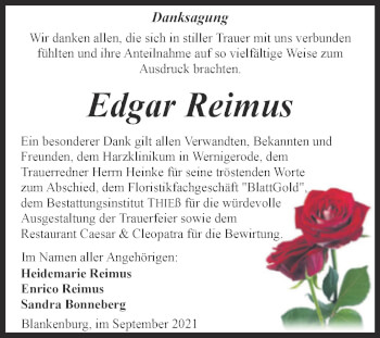 Traueranzeige von Edgar Reimus von Trauerkombi Quedlinburg