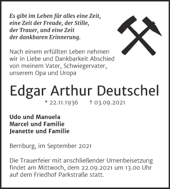 Traueranzeige von Edgar Arthur Deutschel von Trauerkombi Bernburg