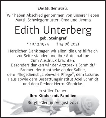 Traueranzeige von Edith Unterberg von Wochenspiegel Naumburg/Nebra