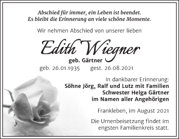 Traueranzeige von Edith Wiegner von Trauerkombi Merseburg