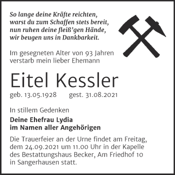 Traueranzeige von Eitel Kessler von Trauerkombi Sangerhausen
