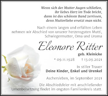 Traueranzeige von Eleonore Ritter von Trauerkombi Aschersleben