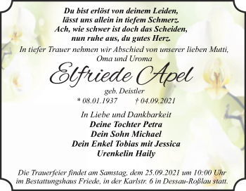 Traueranzeige von Elfriede Apel von Trauerkombi Dessau
