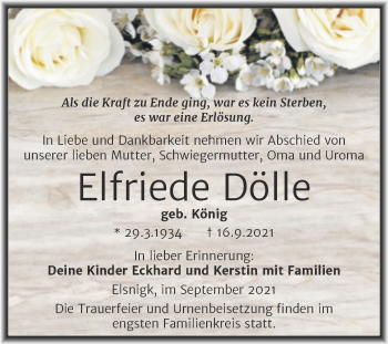 Traueranzeige von Elfriede Dölle von Trauerkombi Köthen