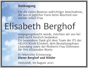 Traueranzeige von Elisabeth Berghof von Trauerkombi Mansfelder Land