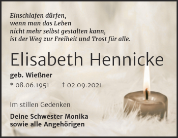 Traueranzeige von Elisabeth Hennicke von Trauerkombi Bitterfeld