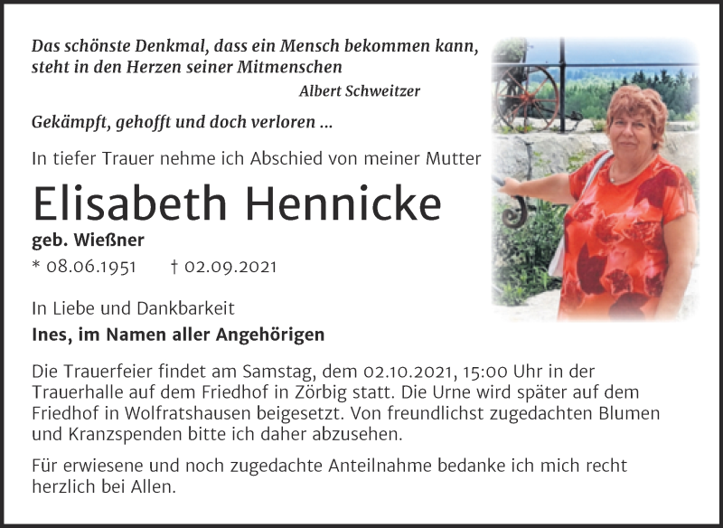  Traueranzeige für Elisabeth Hennicke vom 22.09.2021 aus Trauerkombi Bitterfeld
