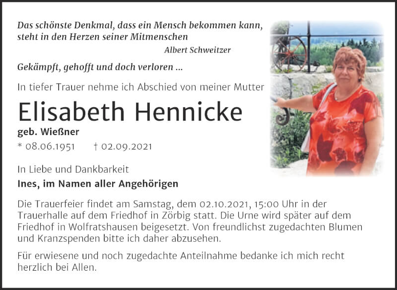  Traueranzeige für Elisabeth Hennicke vom 18.09.2021 aus Trauerkombi Bitterfeld